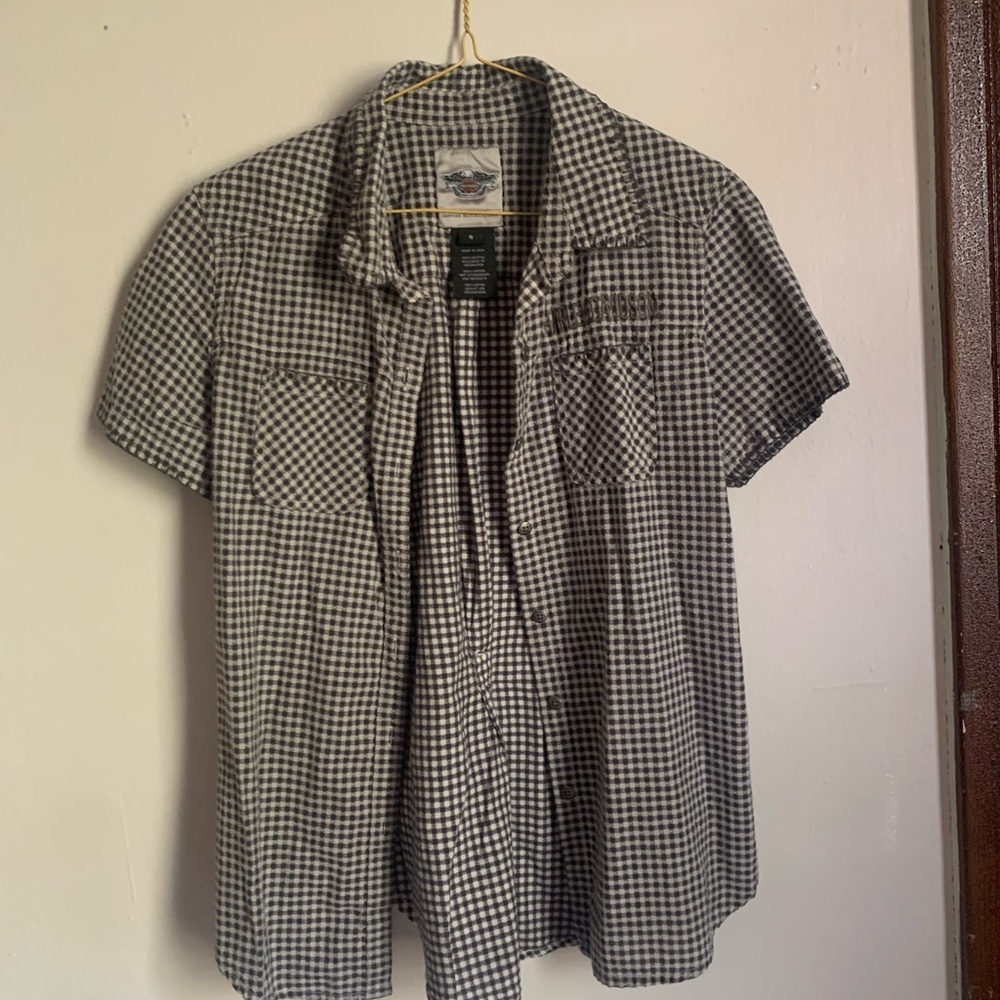 Men's Black and White Checkered Plaid Short Sleeve Button Down Shirt